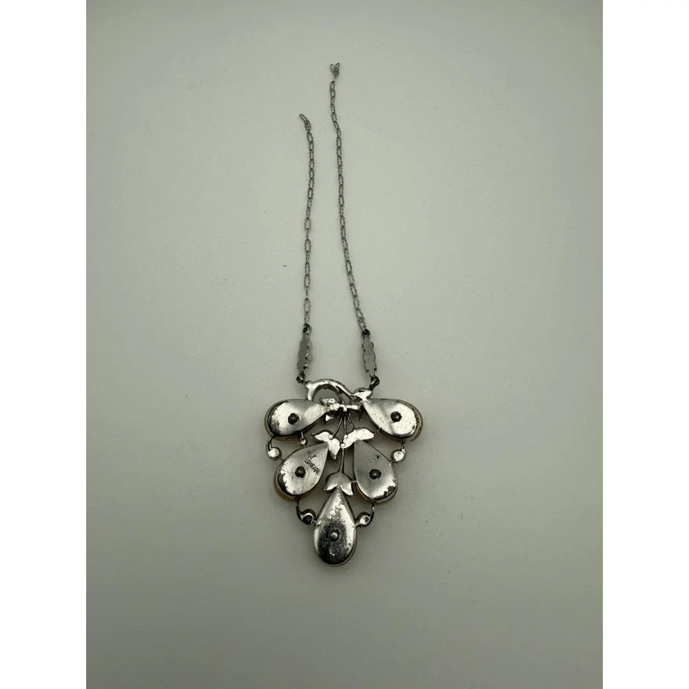 1930'S Crown Trifari rhodium necklace faux pearl floral pendant SIGNED read !